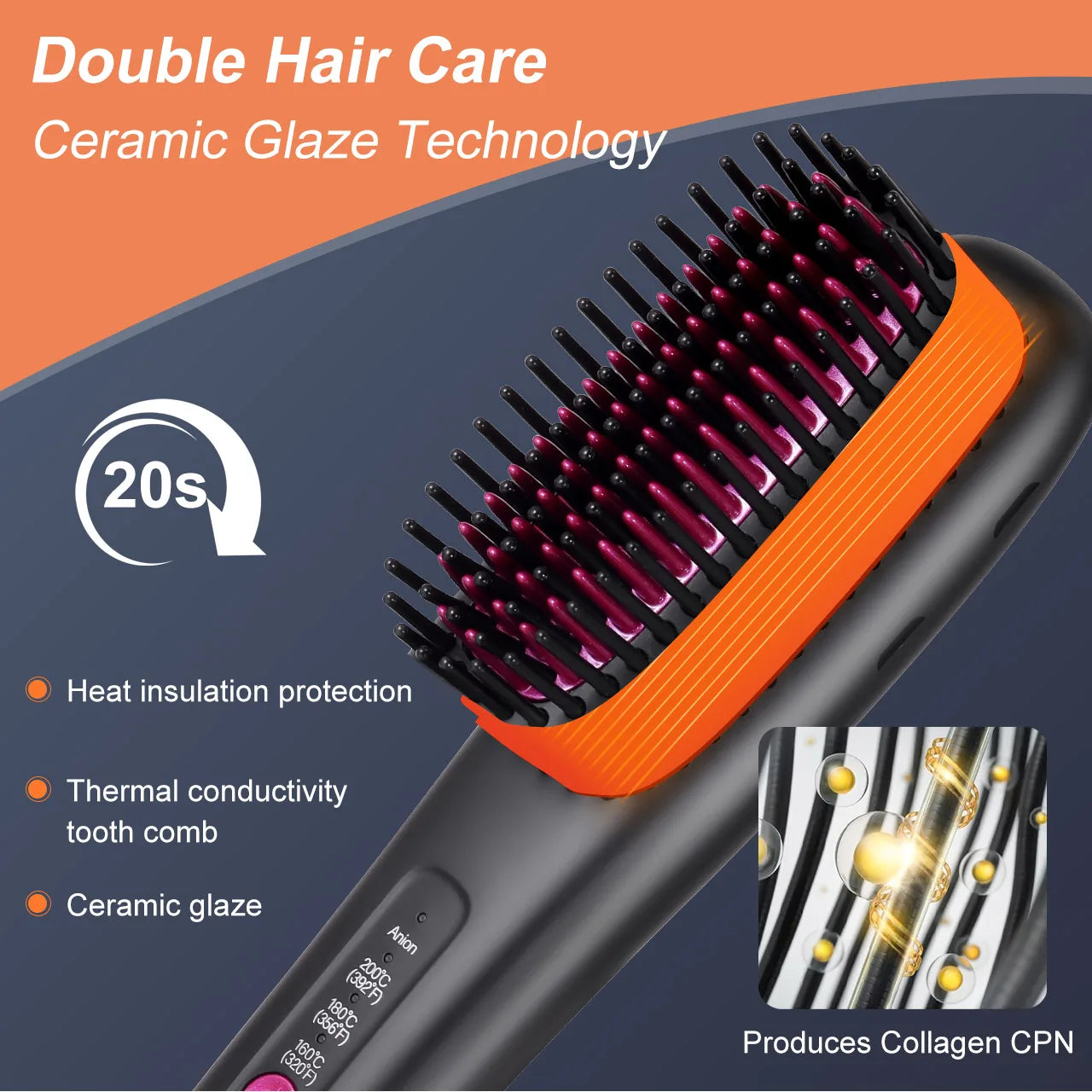 Hair Straightening Brush Portable Home Negative Ion Straightener with Multi-Heat Settings 3-Temp Ceramic Damage-Free Styling