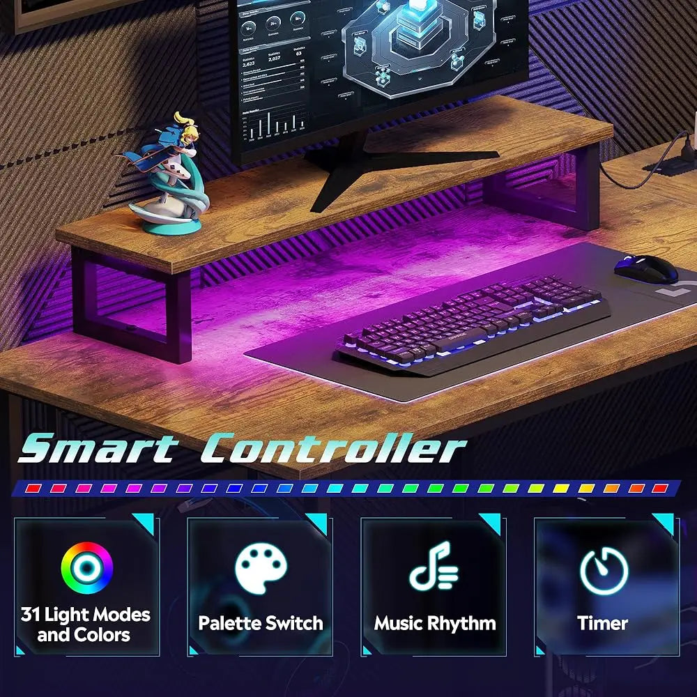 Gaming L Shaped Desk With Power Outlets & Led Lights, 47Inch Computer Desk With Monitor Stand & Hook, Corner Home Office