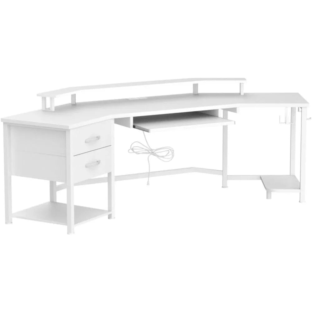 79" Gaming Desk, Computer Desk with 2 Fabric Drawers & LED Light, White Small Desk with Storage for Home Office, Carbon Fiber W