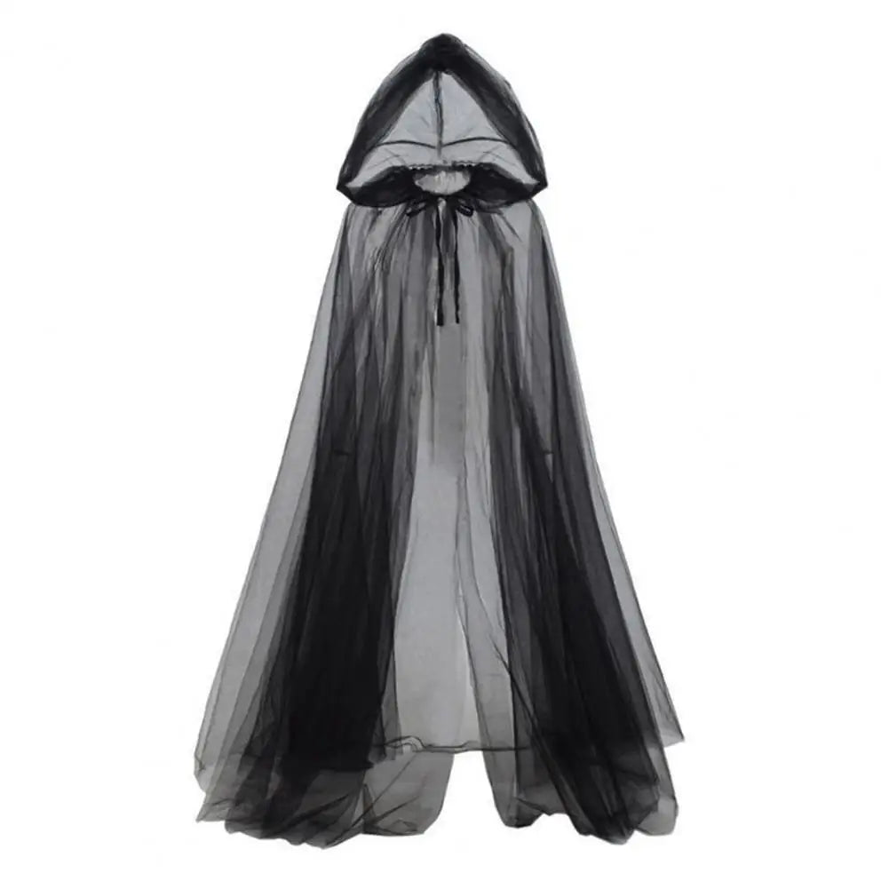 Halloween Ghost Cosplay Costume Cloak Adult Hooded Lace-up Witch Cloak Costume Full-Length Sheer Cape with Oversized Hood