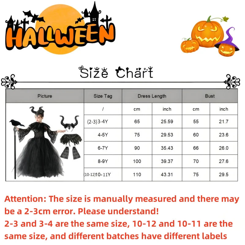 Carnival Costume Maleficent Tutu Girls Cosplay Evil Queen Black Mesh Princess Dress Children's Raven Wand Demonic Witch Dress