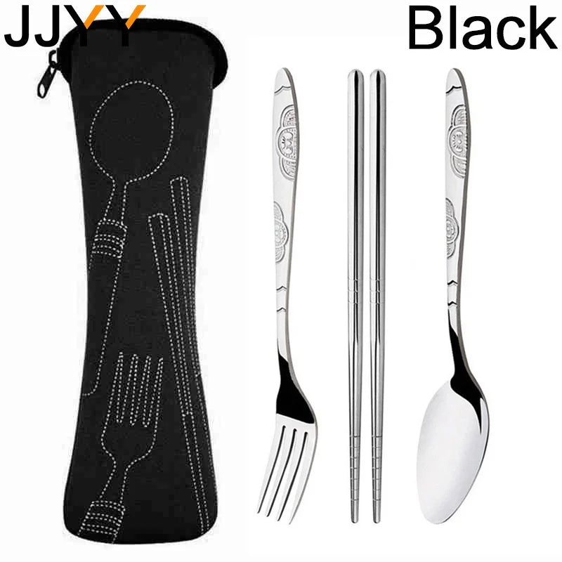 JJYY 4Pcs/3Pcs Set Dinnerware Portable Printed Knifes Fork Spoon Stainless Steel Family Camping Steak Cutlery Tableware with Bag