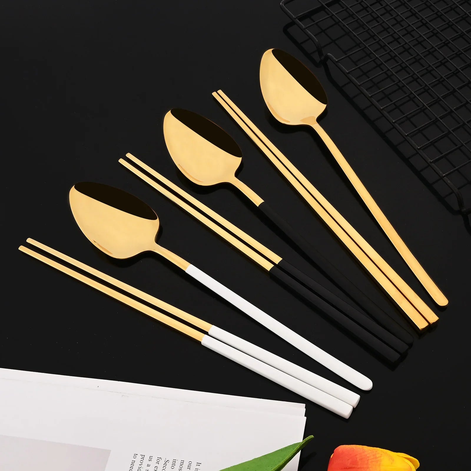 Korean 8Pcs Tableware Set High Quality Stainless Steel Dinner Set Black Gold Luxury Dinnerware Spoon Chopsticks Cutlery Set