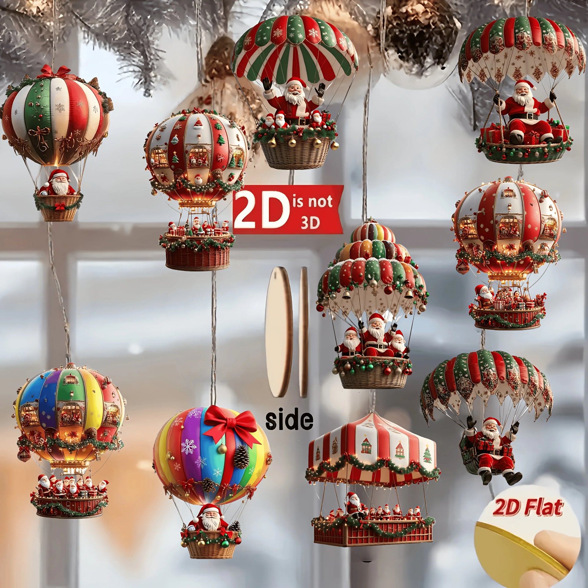 12Pcs Christmas Wooden Hot Air Balloon Santa Claus 2D Flat Wooden Pendant Christmas Tree Decoration Perfect Holiday Gift Decor