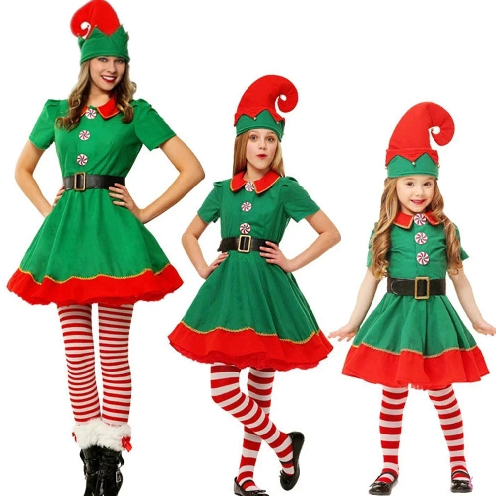 2025Children and adults Christmas elf costumes, Santa Claus costume sets, green elves, Halloween cosplay, 2024 new products