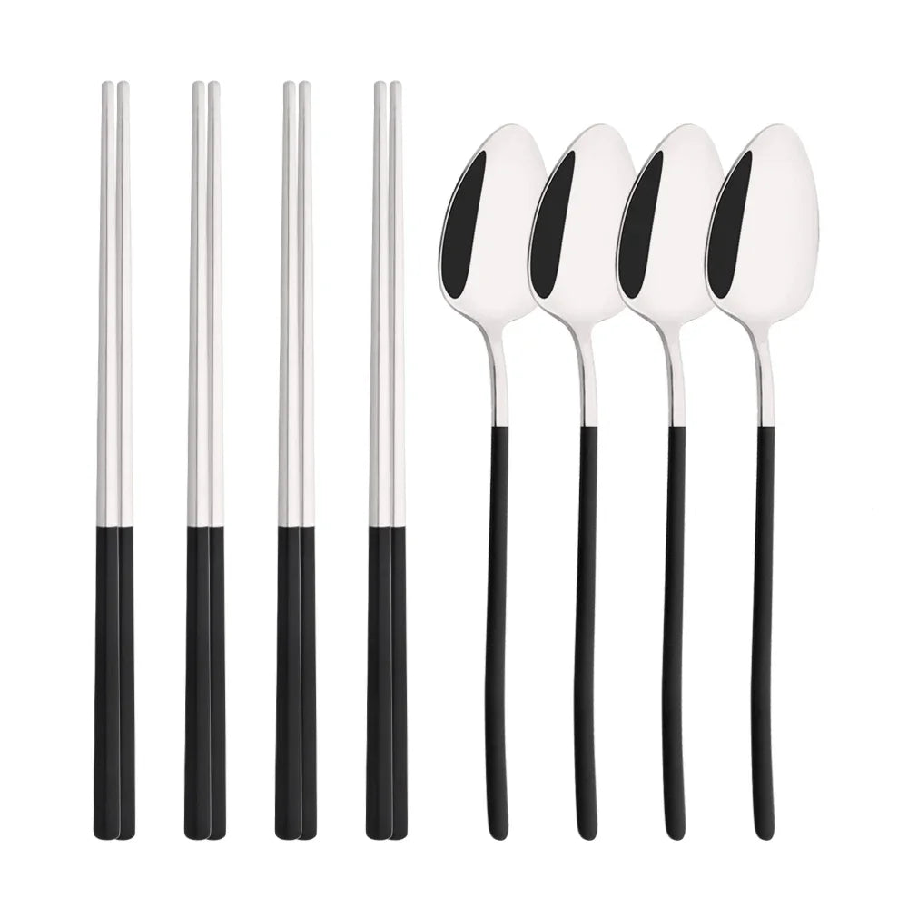 Korean 8Pcs Tableware Set High Quality Stainless Steel Dinner Set Black Gold Luxury Dinnerware Spoon Chopsticks Cutlery Set