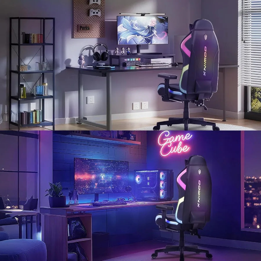 Gaming Chair with RGB LED Lights Ergonomic Game Chair with Footrest Massage Lumbar Support Computer Gamer Chair for Adults Teen