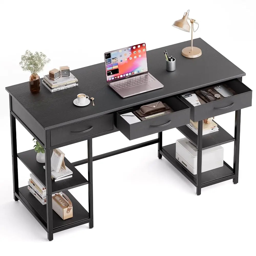 47-Inch Computer Desk With 3 Drawers, Small Home Office Desk With Storage Shelves And Sturdy Metal Frame, Black