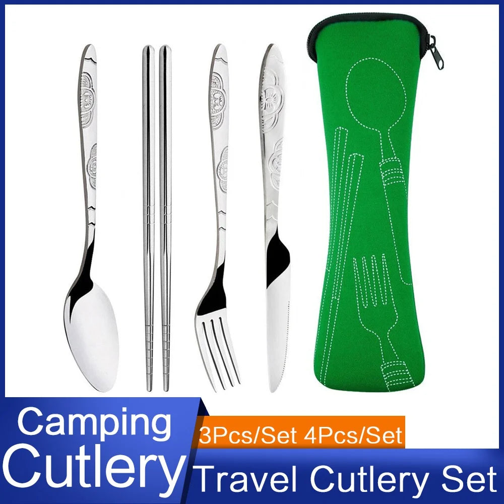 Dinnerware Portable Printed Stainless Steel Spoon Fork Chopsticks Steak Knife Set Travel Cutlery Tableware With Bag  Tableware