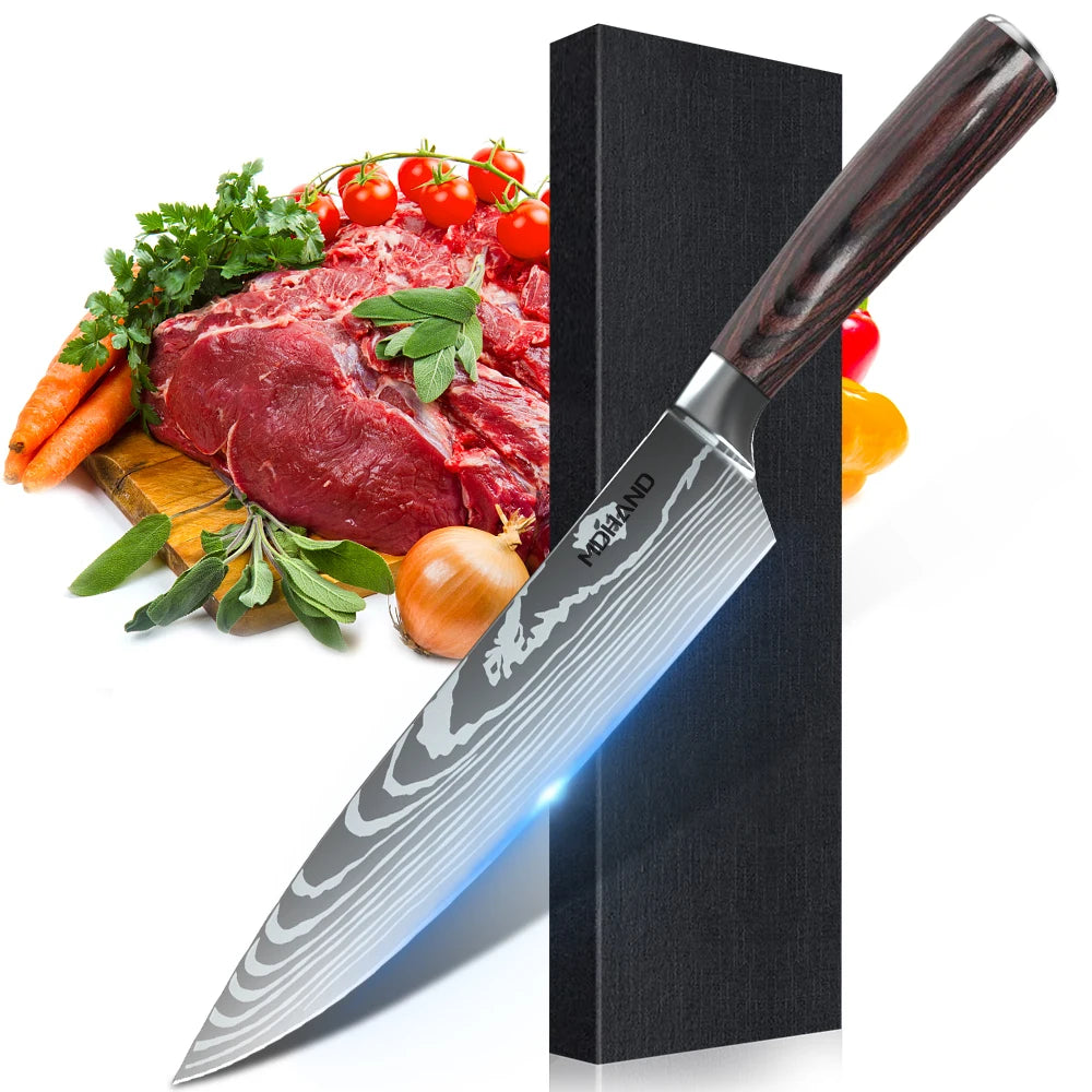 MDHAND 1-10PCS Chef knife Japanese Kitchen Knives Set Professional Laser Damascus Pattern Stainless Steel Cleaver Slicer Knife