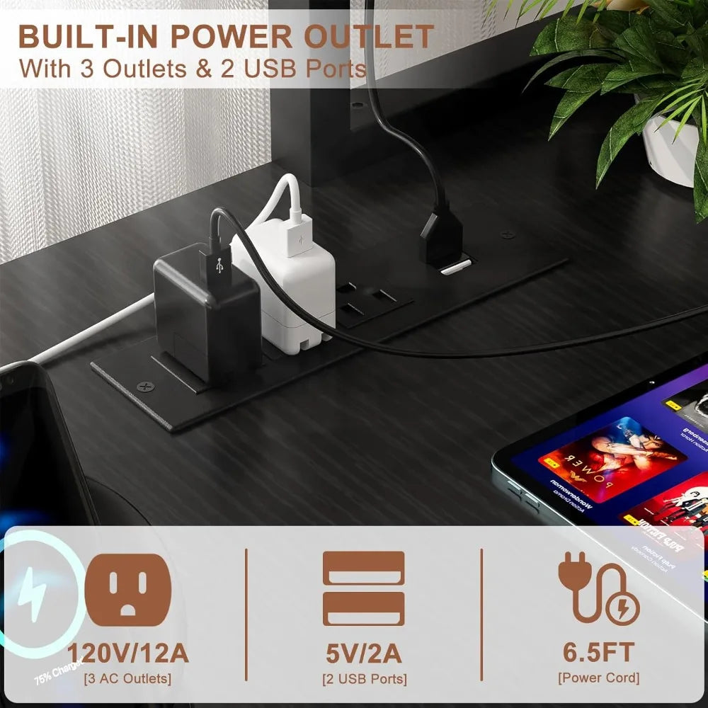 LED Lighted Power Outlet L-Shaped Gaming Desk, 59 Large Computer Desk for Home Office and Gamers with Reversible Design