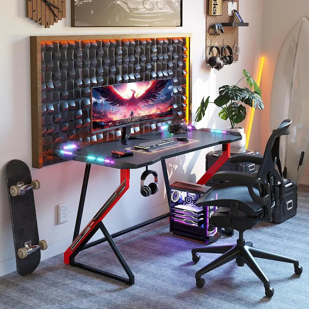 Gaming Desk With Led Lights, 40 H Computer Desk Z Shaped Gamer Workstation, Gaming Table With Carbon Fiber Surface, Pc Gamer