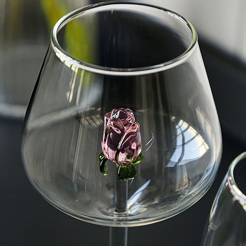 Creative 3D Pink Glass Rose Build-In Red White Wine Glasses Cup Drinkware Goblet Champagne Flute Household Lovely Valentine Gift