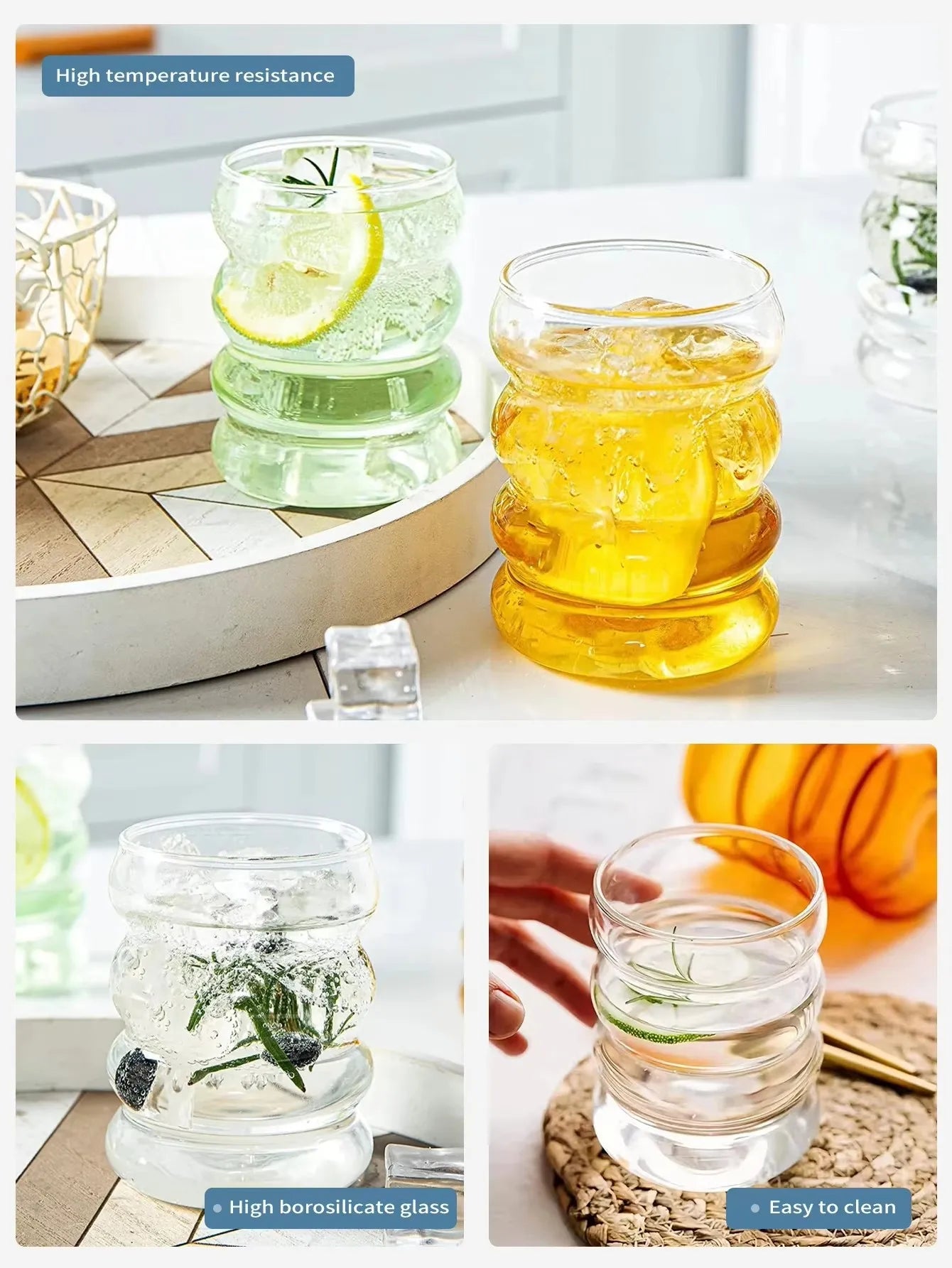 2/4PCS Wave Shape Beverage Glasses With Straws Vintage Glass Cups Ripple Drinking Glasses for Wine Champagne Milk Coffee Cup