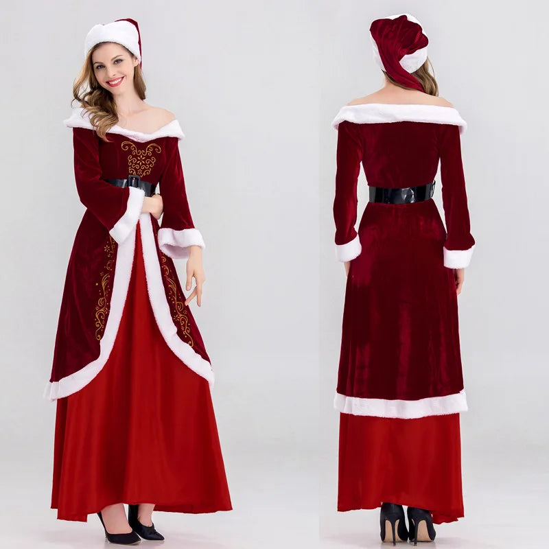 Deluxe Classic Mrs. Claus Christmas Costume Xmas Party Santa Claus Cosplay Women Red Dress Christmas Queen Carnival Party Dress