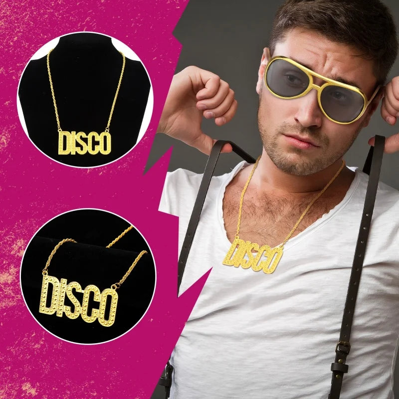Halloween Party Hip Hop Disco Costume Funky Afro Wig Sunglasses Mustache Stick Letter Peace Sign Necklace for 90s Theme Party