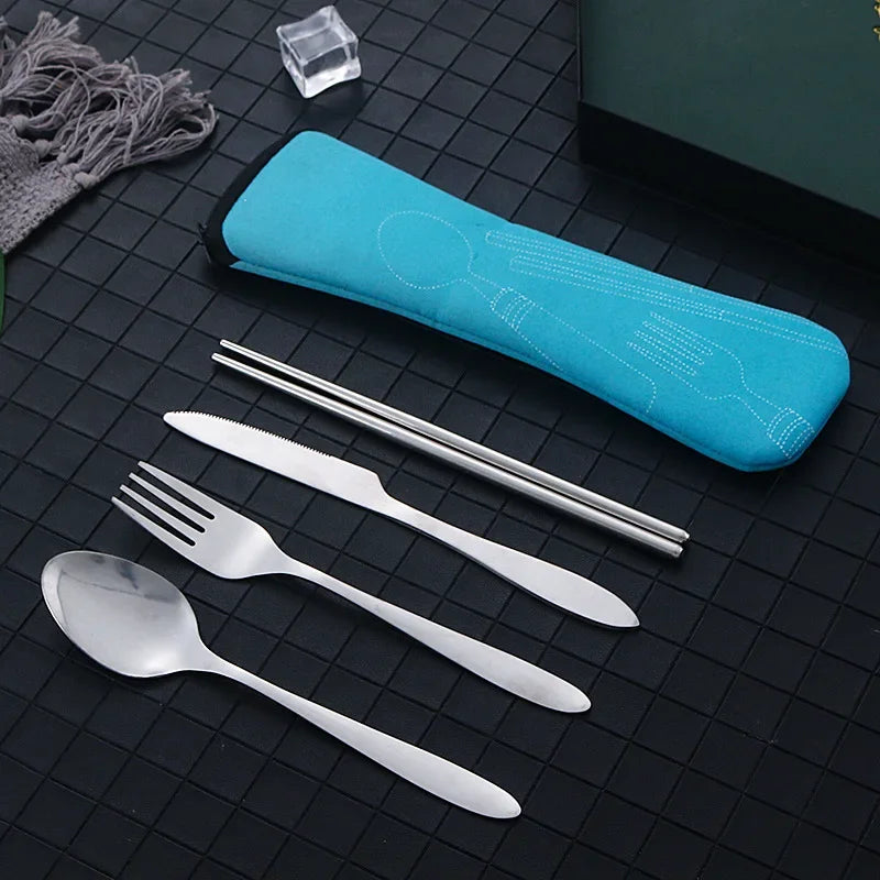 4Pcs Set Stainless Steel Dinnerware Portable Knifes Fork Spoon Family Camping Steak Cutlery Set Tableware with Bag Vajilla