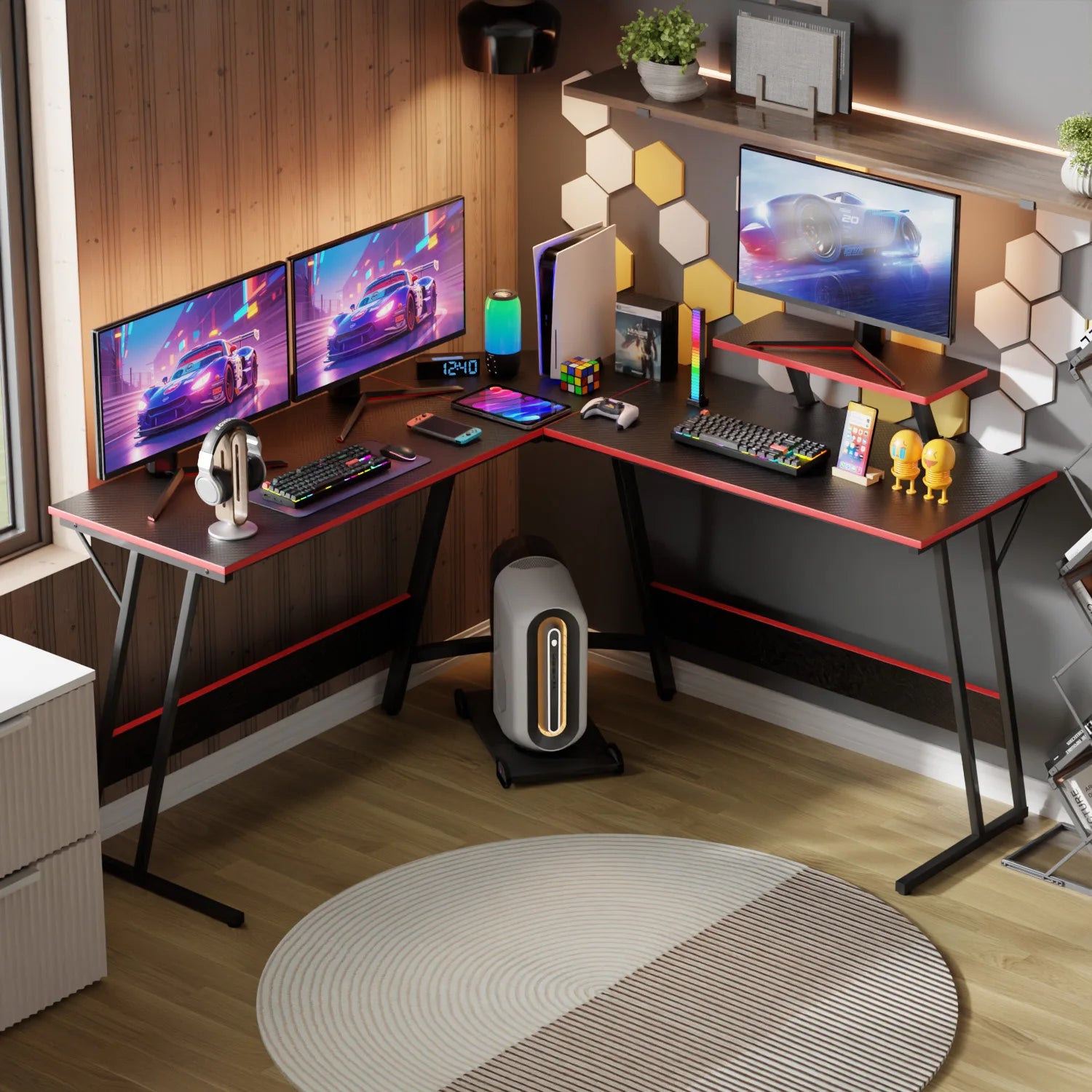 Gaming Desk L Shaped Corner Computer Desk, Home Office Desks Writing Workstation with Large Monitor Stand Easy to Assemble