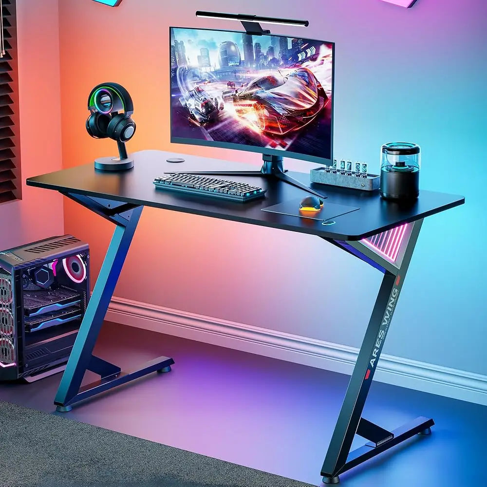 47 H Gaming Desk, Ergonomic Computer Desk With Led Light And Diy Control Cable, Gaming Table Carbon Fiber Surface For Home And