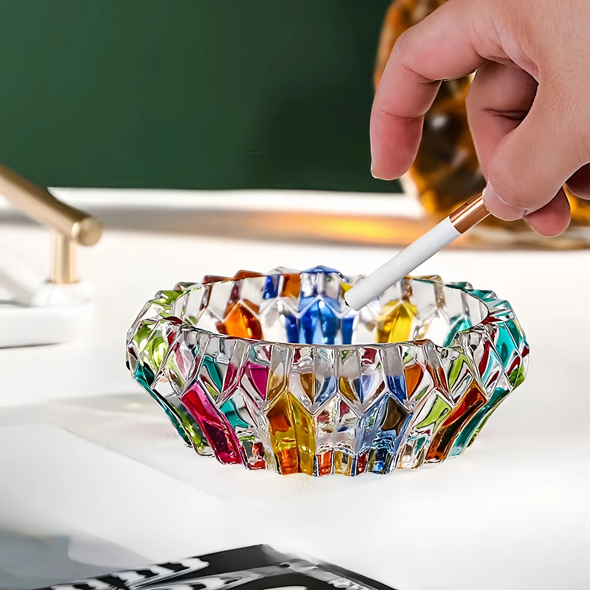 Elegant glass ashtray – perfect for home and office decoration, colorful round design, ideal for living rooms.