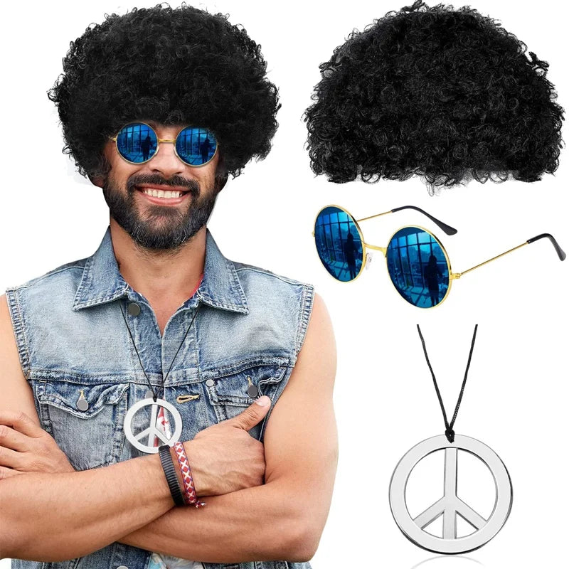 Halloween Party Hip Hop Disco Costume Funky Afro Wig Sunglasses Mustache Stick Letter Peace Sign Necklace for 90s Theme Party