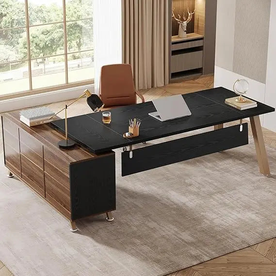 78.7-Inch Executive Desk, L-Shaped Desk with 55-Inch Cabinet, Large Office Desk with Storage Shelves, Modern Computer Desk for