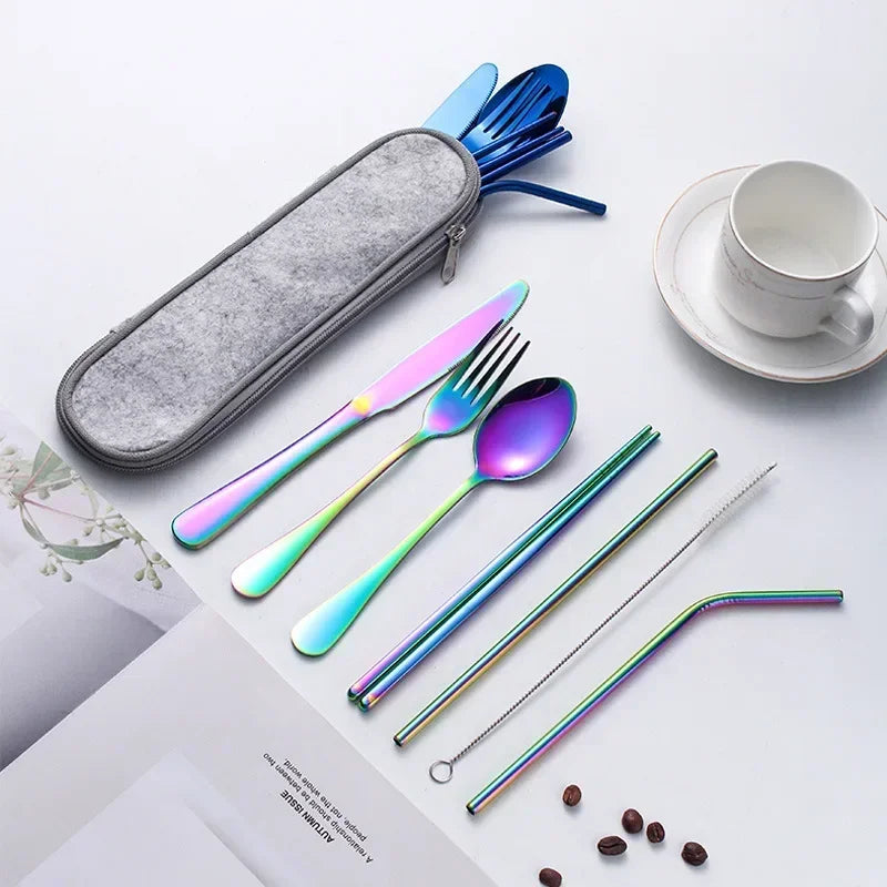 8 Pieces Cutlery Set, Stainless Steel Western Tableware, Classic Dinner Set, Knife, Fork, Straw, Restaurant Dining Dinnerware