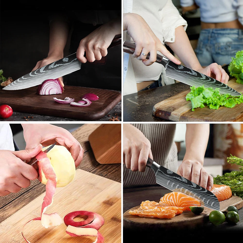 MDHAND 1-10PCS Chef knife Japanese Kitchen Knives Set Professional Laser Damascus Pattern Stainless Steel Cleaver Slicer Knife
