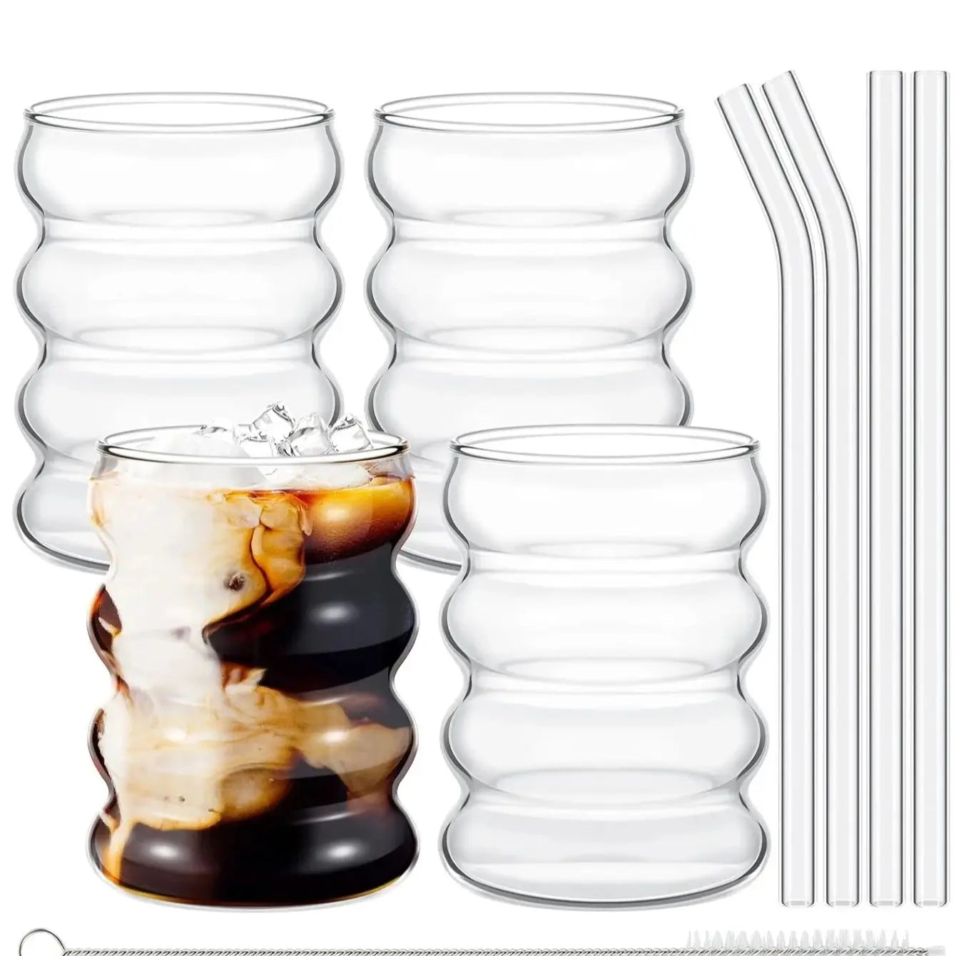 2/4PCS Wave Shape Beverage Glasses With Straws Vintage Glass Cups Ripple Drinking Glasses for Wine Champagne Milk Coffee Cup
