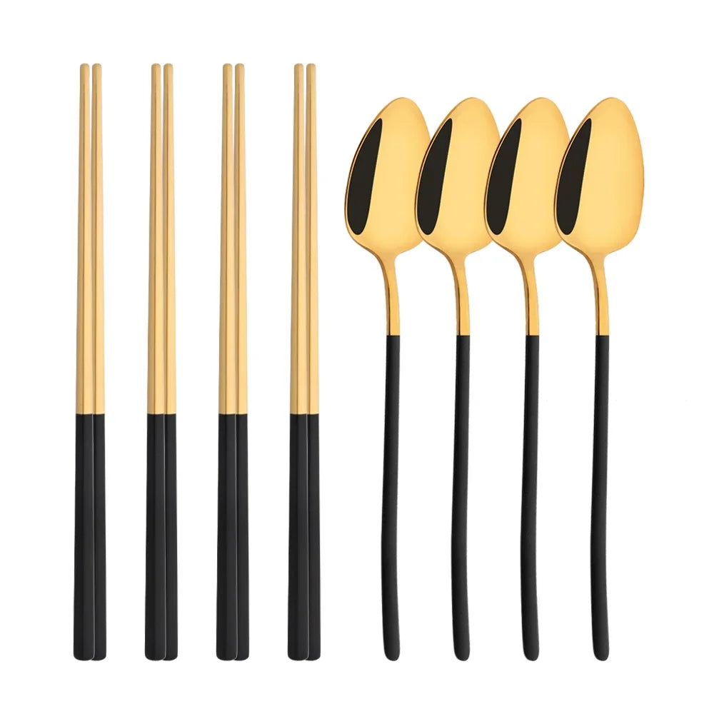 Korean 8Pcs Tableware Set High Quality Stainless Steel Dinner Set Black Gold Luxury Dinnerware Spoon Chopsticks Cutlery Set