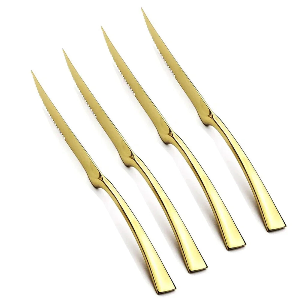 4Pcs Dinner Mirror Knife Set Stainless Steel Cutlery Gold Silverware Kitchen Flatware Western Dinnerware Restaurant Steak Knives