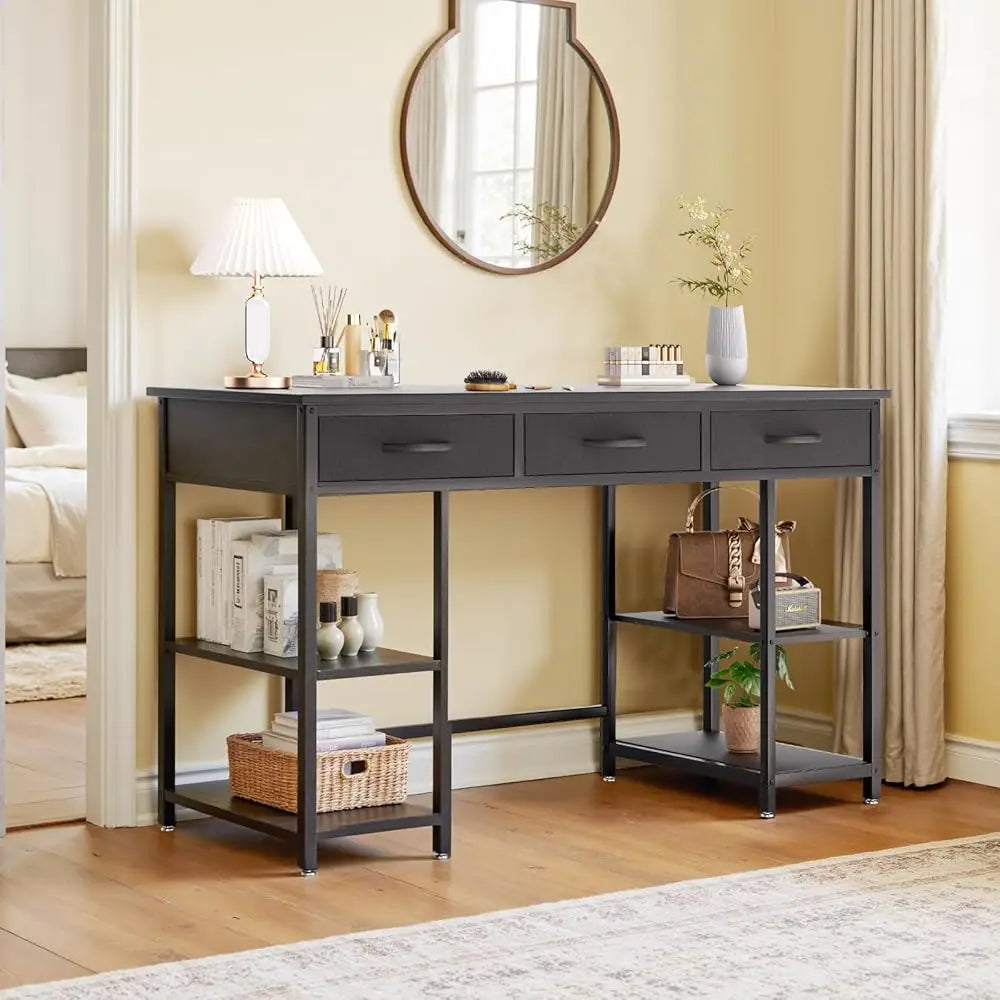 47-Inch Computer Desk With 3 Drawers, Small Home Office Desk With Storage Shelves And Sturdy Metal Frame, Black