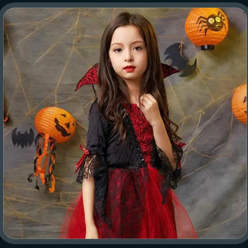 2025 Girls Cosplay Vampire Halloween Dress For Kids Ghost Bride Gothic Costume Count Vampiran Carnival Outfit Black Red Clothes