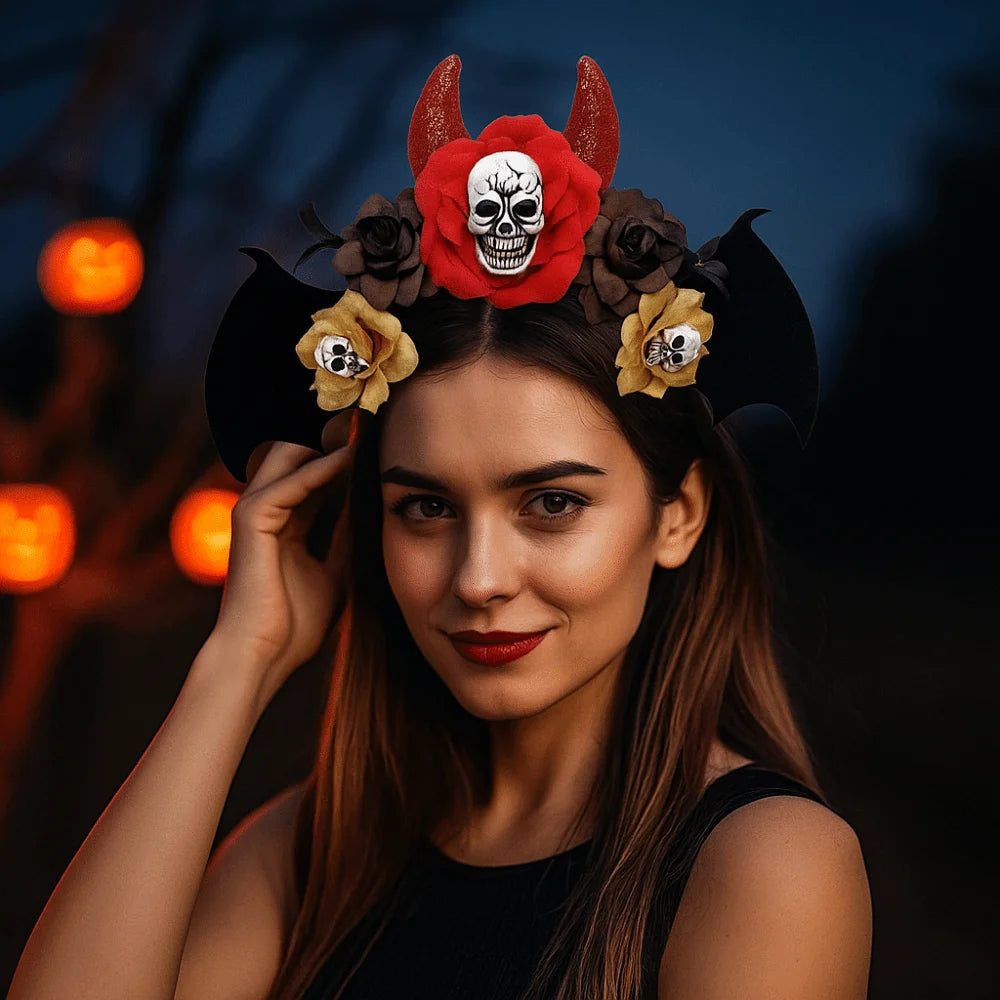 Gothic Skull Head Hair Hoop Simulation Flowers Bat Halloween Skull Headband Dark Decor Day of The Dead Hairband Girls/Children