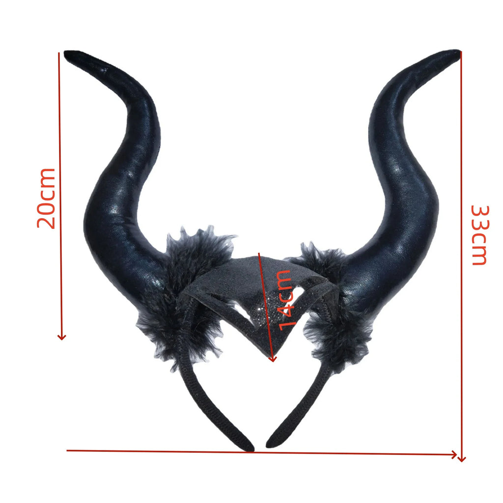 1PC Bull Horns Headband with Fur, Black, Halloween Party Cosplay Prop, Stylish Costume Decoration