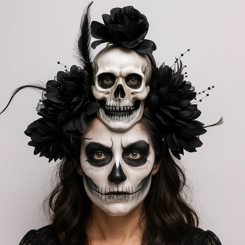Dark Skull Head Headband Halloween Decor Bat Halloween Skull Headband Simulation Flowers Gothic Day of The Dead Headband Party