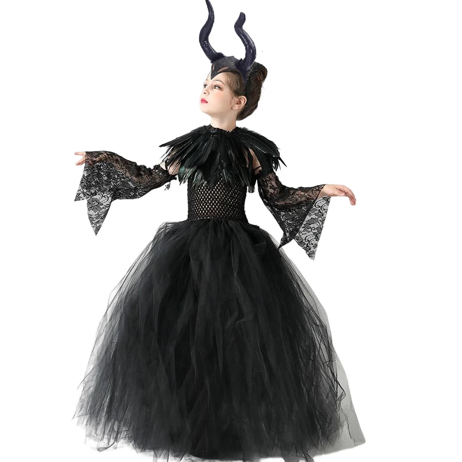 Carnival Costume Maleficent Tutu Girls Cosplay Evil Queen Black Mesh Princess Dress Children's Raven Wand Demonic Witch Dress