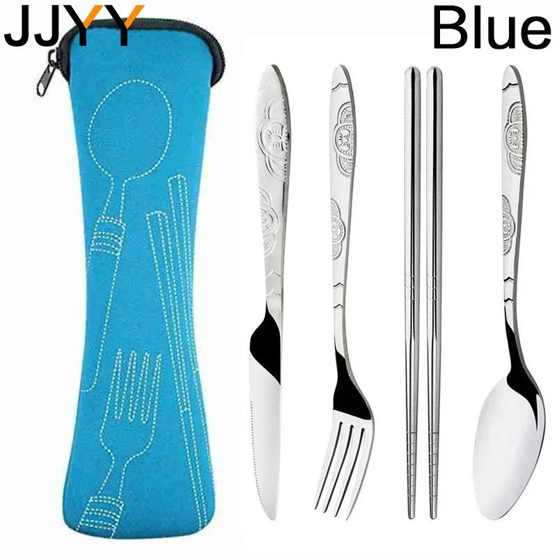 Dinnerware Portable Printed Stainless Steel Spoon Fork Chopsticks Steak Knife Set Travel Cutlery Tableware With Bag  Tableware