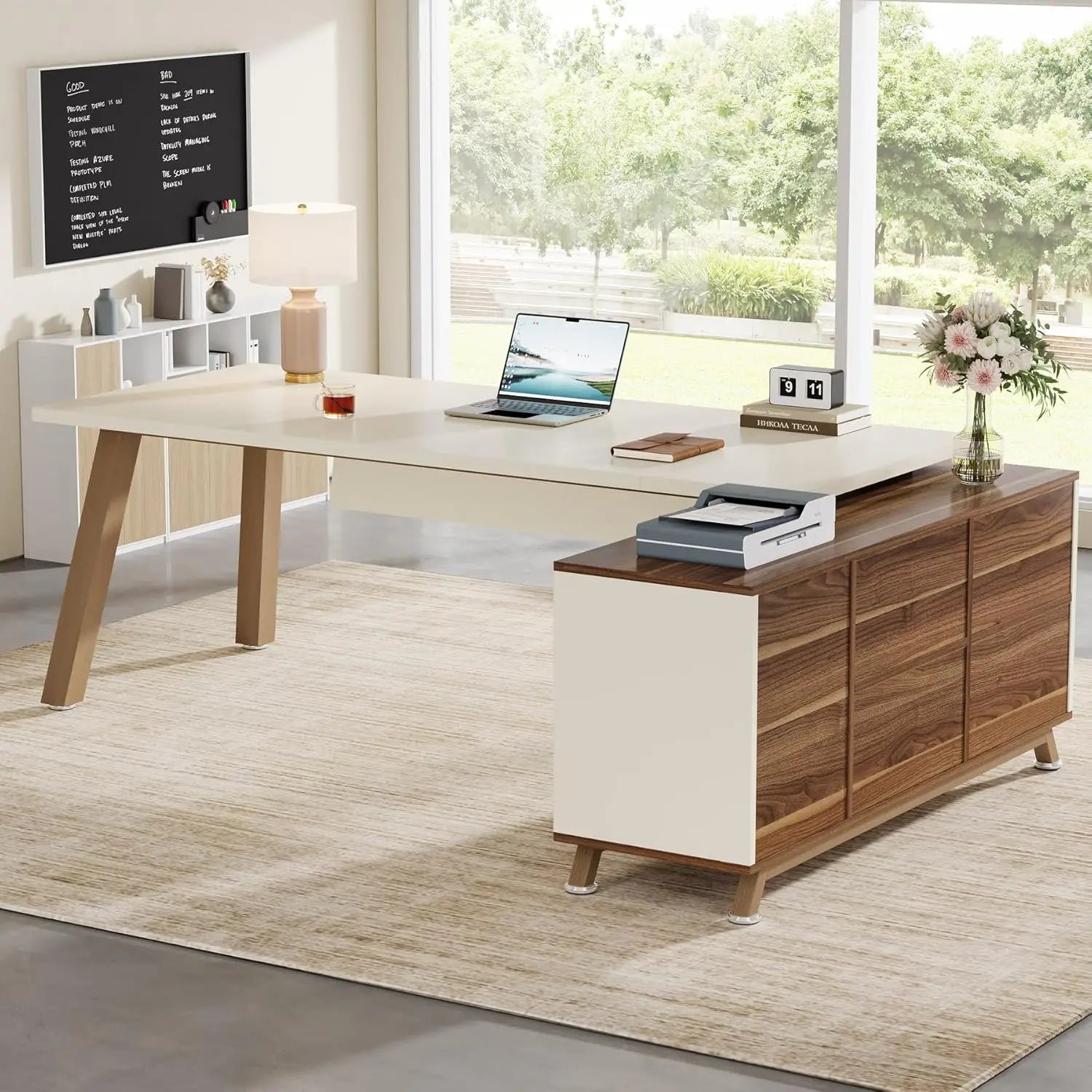 78.7-Inch Executive Desk, L-Shaped Desk with 55-Inch Cabinet, Large Office Desk with Storage Shelves, Modern Computer Desk for