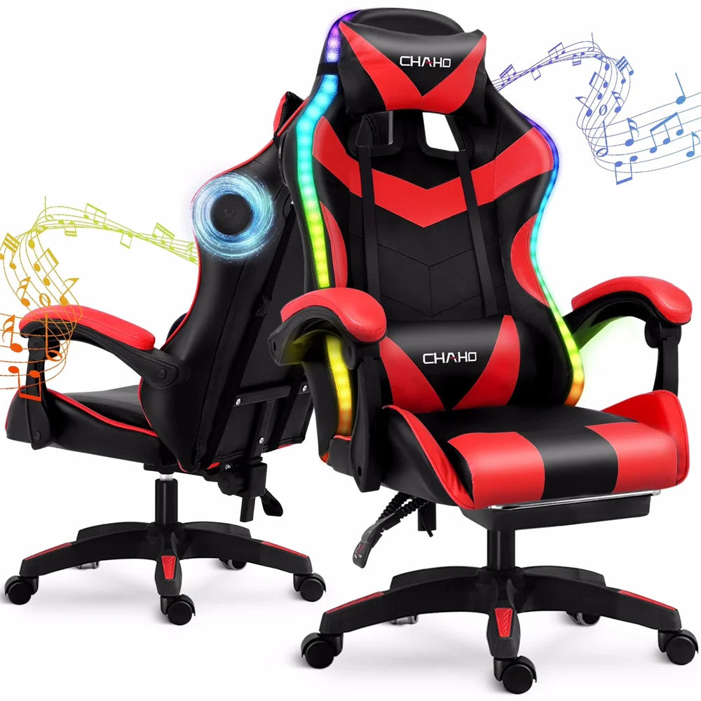 Ergonomic Gaming Chair, Gaming Chair with Speaker & LED Lights, Computer Racing Chair for Adults, PU Leather Office Chair, Red