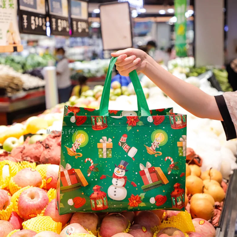 1PC New in Christmas Gift Bags Cartoon Cute Print Santa Elk Snowman Printing Non Woven Foldable Storage Handbag Party Supplies