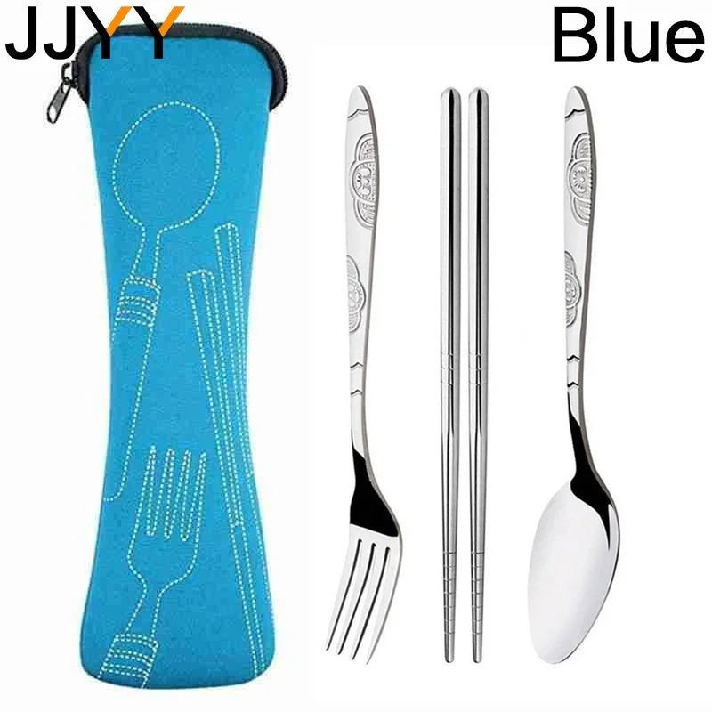 Dinnerware Portable Printed Stainless Steel Spoon Fork Chopsticks Steak Knife Set Travel Cutlery Tableware With Bag  Tableware
