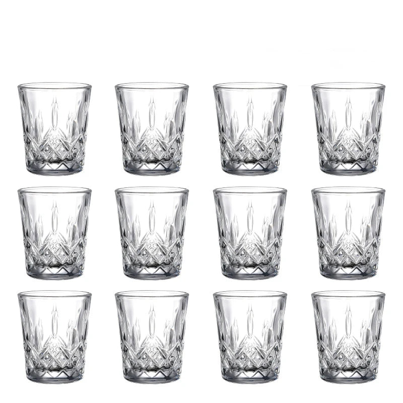 12pcs/8pcs/6pcs/4pcs/2pcs Embossed Glass 50ml Spirits Cups Engraved Tea Drinking Baijiu Cup Water Glass Small Capacity Wine Cup