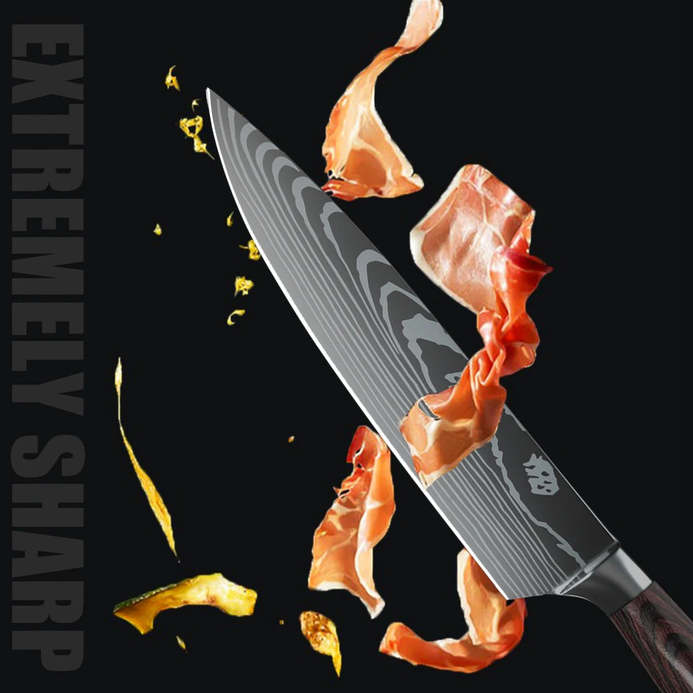 MDHAND 1-10PCS Chef knife Japanese Kitchen Knives Set Professional Laser Damascus Pattern Stainless Steel Cleaver Slicer Knife