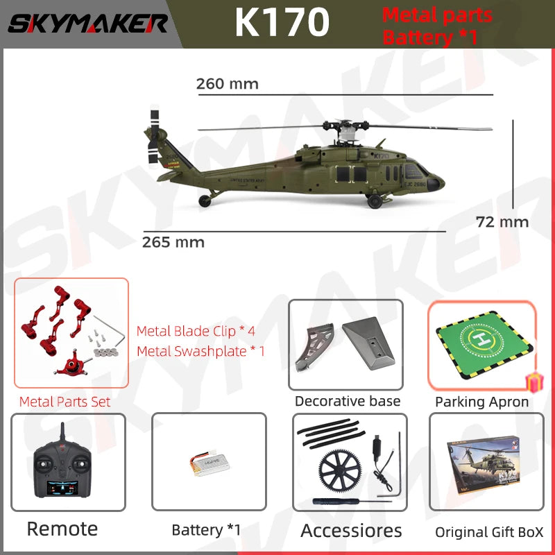 WLtoys RC Helicopters Brushless Motor k170 UH-60L 2.4Ghz 4CH 6-Aixs Gyroscope Single Blade Propellor Gyro Rc Toys for Children