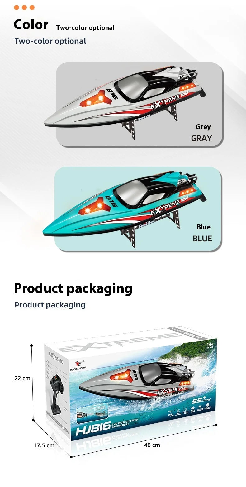 Hxjrc HJ816 High-Speed RC Boat 2.4G 55km/h Brushless Motor LED Light Speedboat Waterproof Electric Racing Model Toy