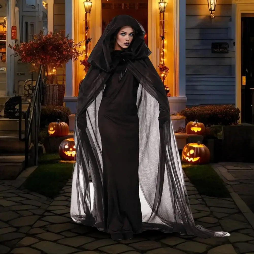 Halloween Ghost Cosplay Costume Cloak Adult Hooded Lace-up Witch Cloak Costume Full-Length Sheer Cape with Oversized Hood