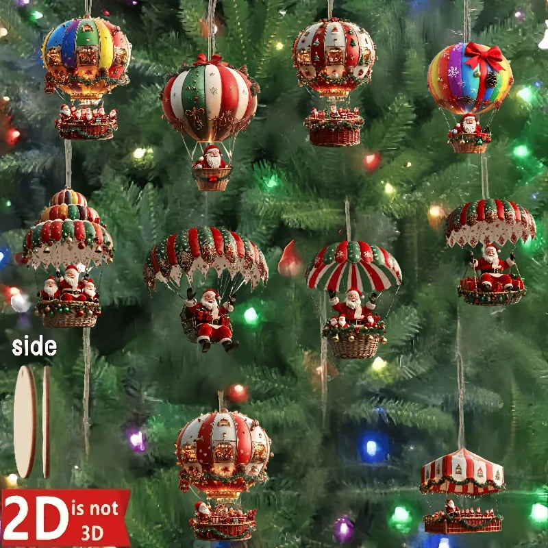 12Pcs Christmas Wooden Hot Air Balloon Santa Claus 2D Flat Wooden Pendant Christmas Tree Decoration Perfect Holiday Gift Decor
