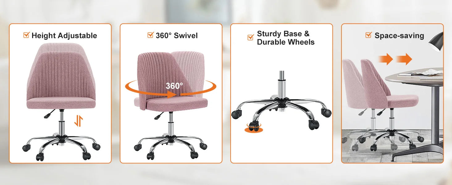 JHK Armless Small Desk Office Chair Cute Vanity Swivel Chair with Back Modern Fabric with Wheels Swivel Task Home Gaming Chair