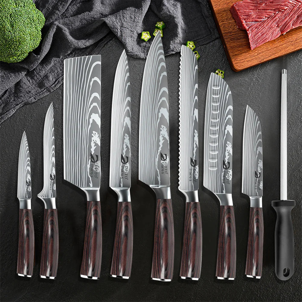 MDHAND 8pcs Kitchen Knife Damascus Stainless Steel Chef Knife Utility Paring Boning Cleaver Slicing Santoku Knives Nylon Bag